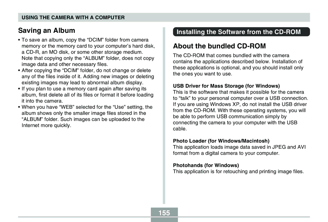 Casio QV-R40 manual Saving an Album, About the bundled CD-ROM, 155, Installing the Software from the CD-ROM 