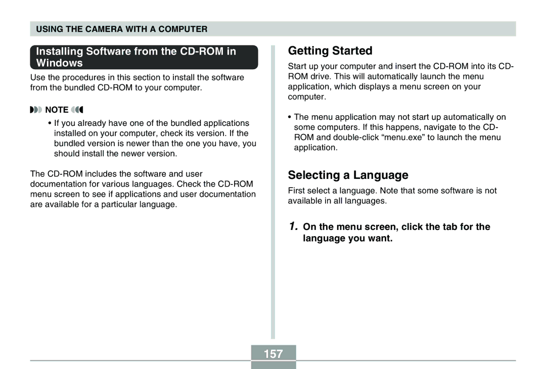 Casio QV-R40 manual Getting Started, Selecting a Language, 157, Installing Software from the CD-ROM in Windows 