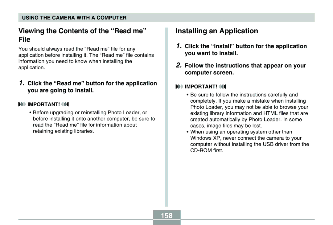 Casio QV-R40 manual Installing an Application, 158 