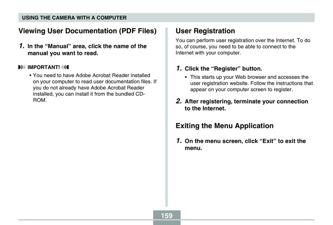 Casio QV-R40 manual User Registration, Exiting the Menu Application, 159 