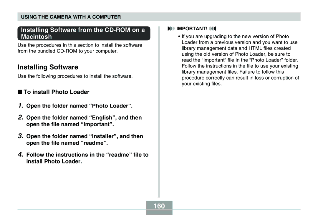 Casio QV-R40 manual 160, Installing Software from the CD-ROM on a Macintosh, To install Photo Loader 