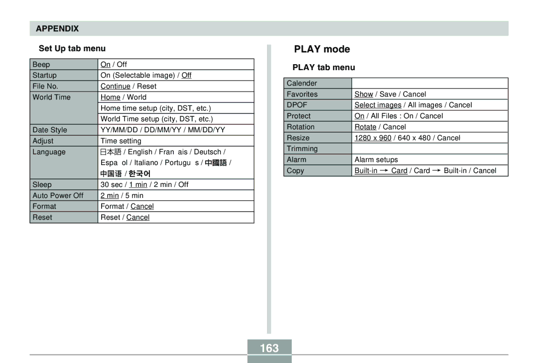 Casio QV-R40 manual 163, Play mode, Set Up tab menu, Play tab menu 