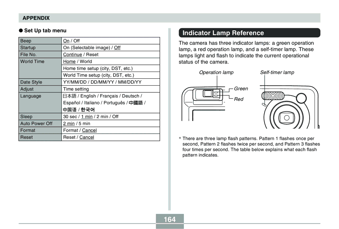 Casio QV-R40 manual 164, Indicator Lamp Reference 