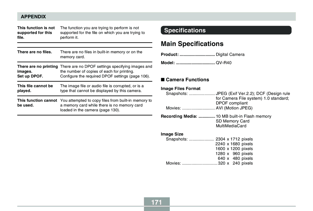 Casio QV-R40 manual Main Specifications, 171, Camera Functions 