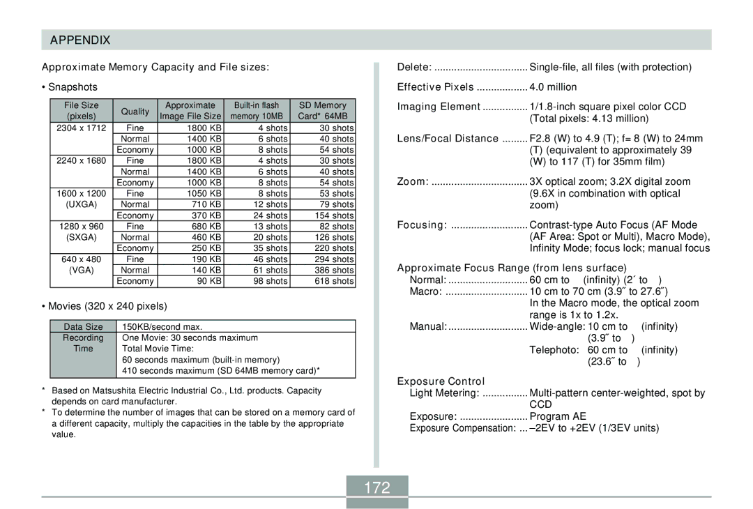 Casio QV-R40 manual 172, Approximate Memory Capacity and File sizes 