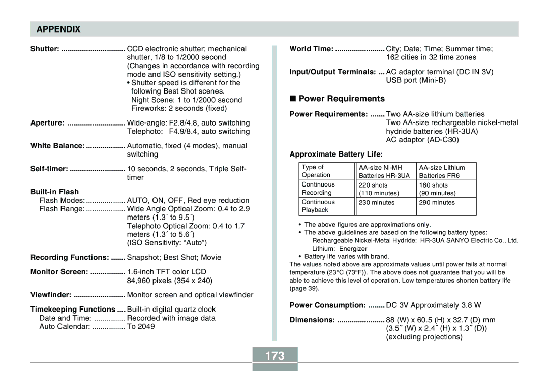 Casio QV-R40 manual 173, Power Requirements 