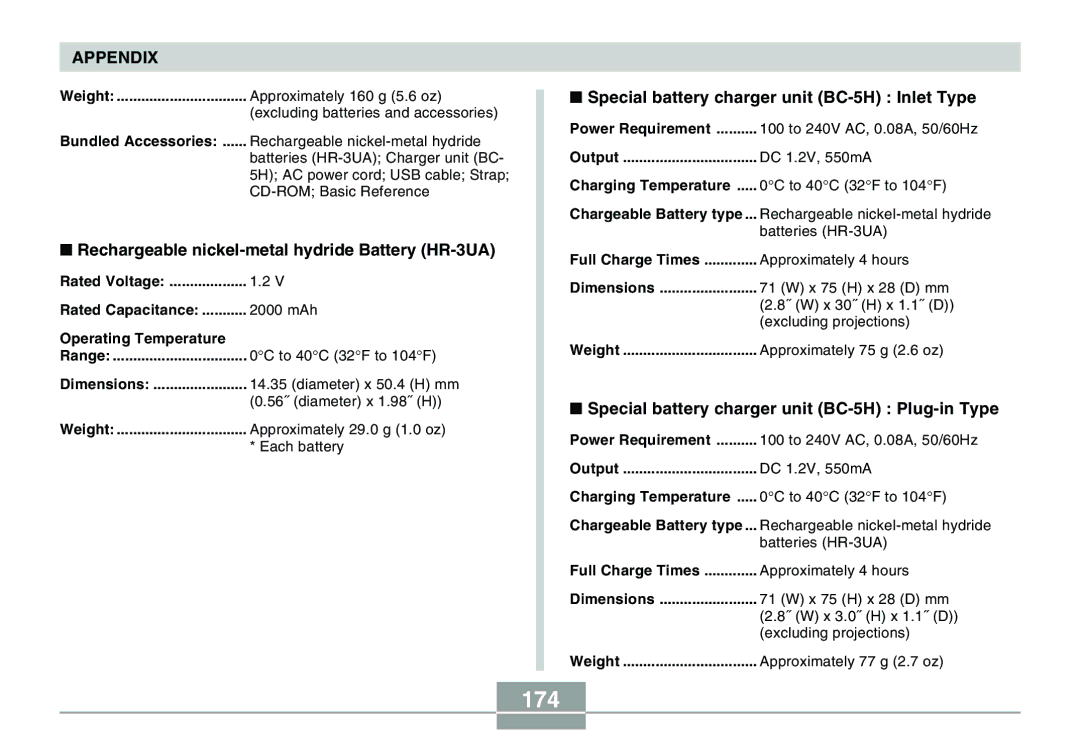 Casio QV-R40 manual 174, Rechargeable nickel-metal hydride Battery HR-3UA, Special battery charger unit BC-5H Inlet Type 