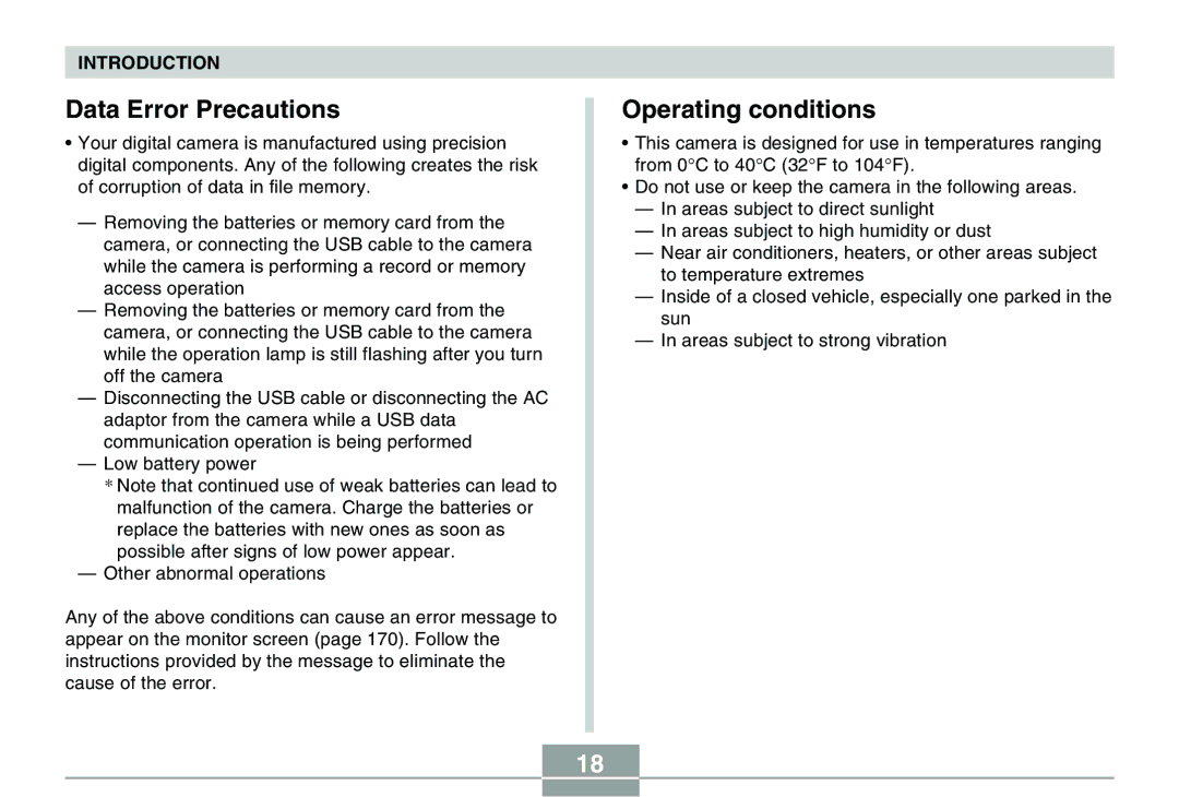 Casio QV-R40 manual Data Error Precautions, Operating conditions 