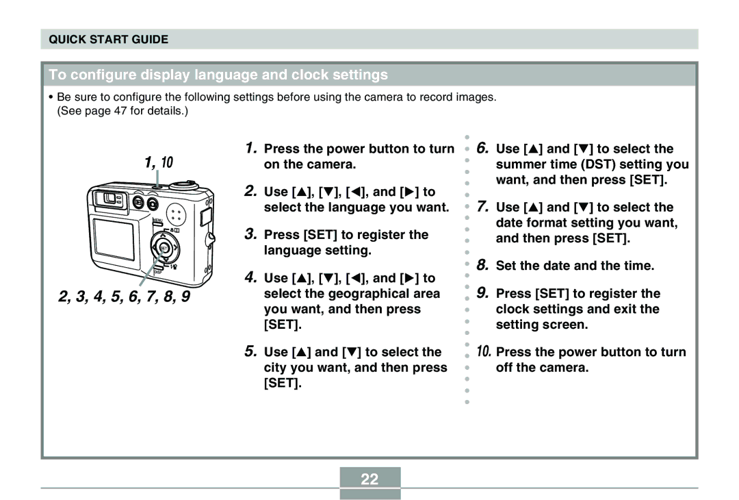 Casio QV-R40 manual 4, 5, 6, 7, 8, To configure display language and clock settings 