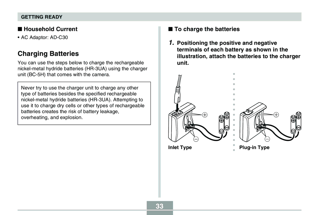 Casio QV-R40 manual Charging Batteries, Household Current, To charge the batteries 