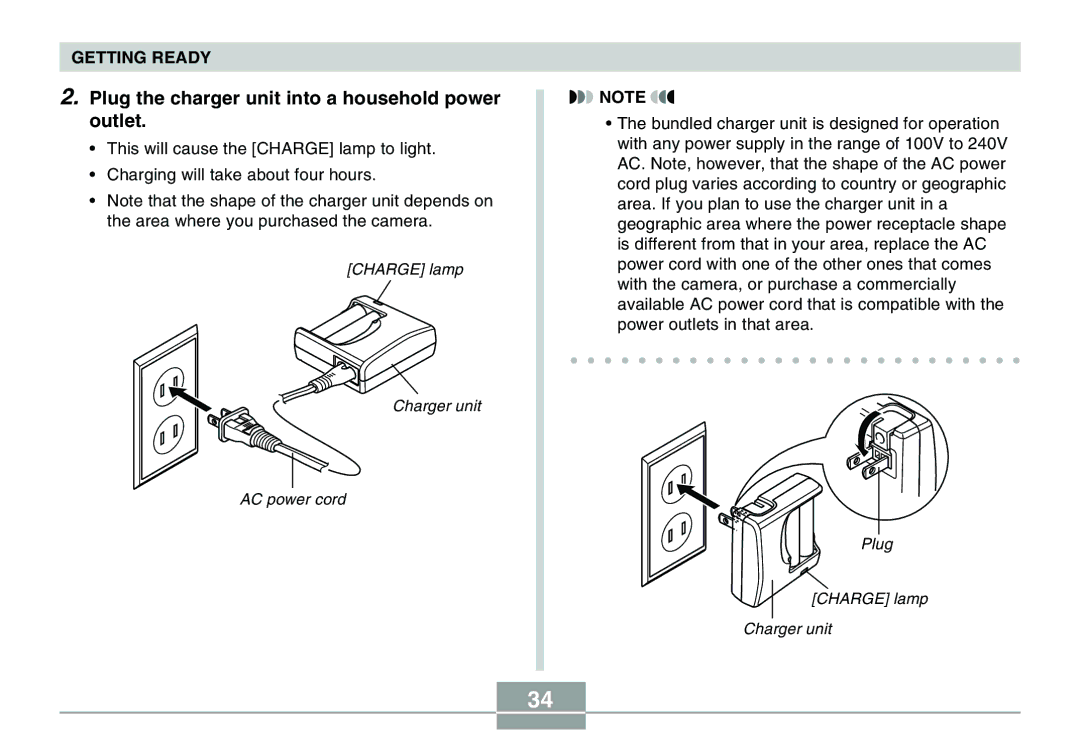 Casio QV-R40 manual Plug the charger unit into a household power outlet 