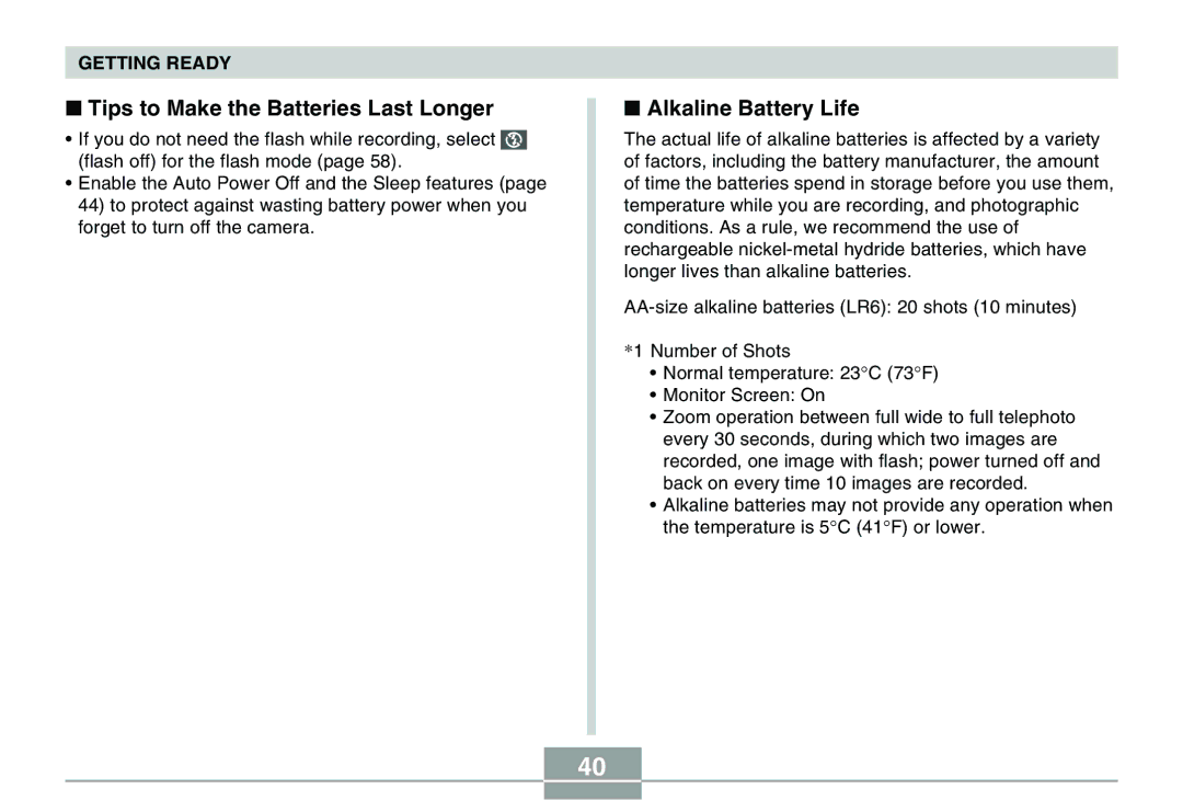 Casio QV-R40 manual Tips to Make the Batteries Last Longer, Alkaline Battery Life 
