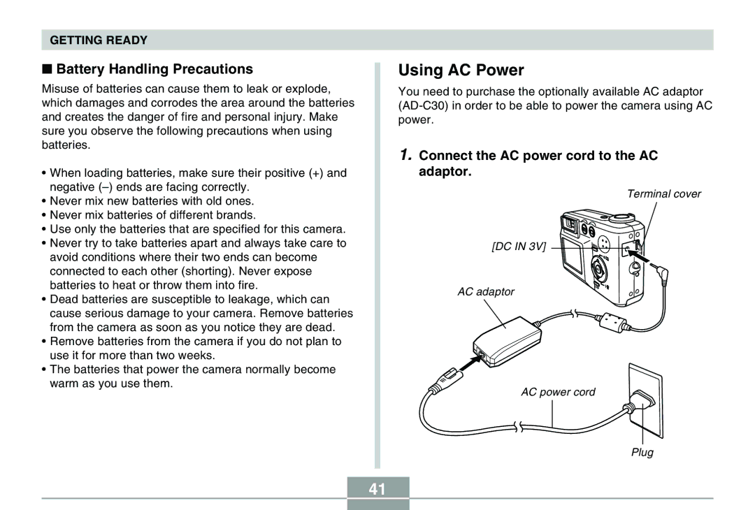 Casio QV-R40 manual Using AC Power, Battery Handling Precautions, Connect the AC power cord to the AC adaptor 