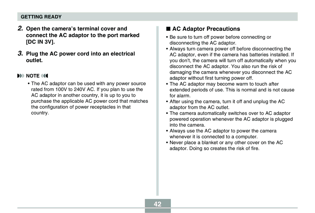 Casio QV-R40 manual AC Adaptor Precautions 