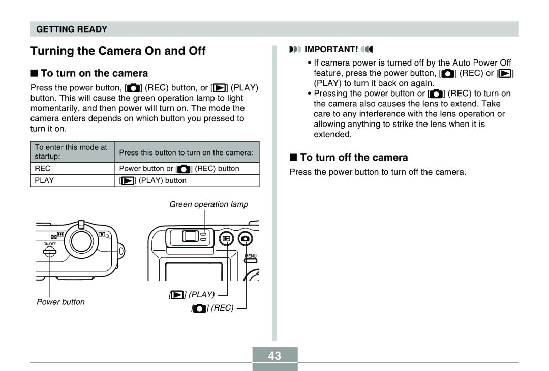 Casio QV-R40 manual Turning the Camera On and Off, To turn on the camera, To turn off the camera 