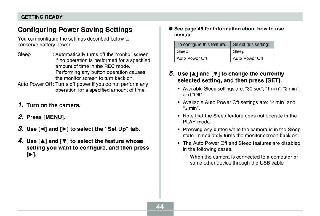 Casio QV-R40 manual Configuring Power Saving Settings, See page 45 for information about how to use menus 