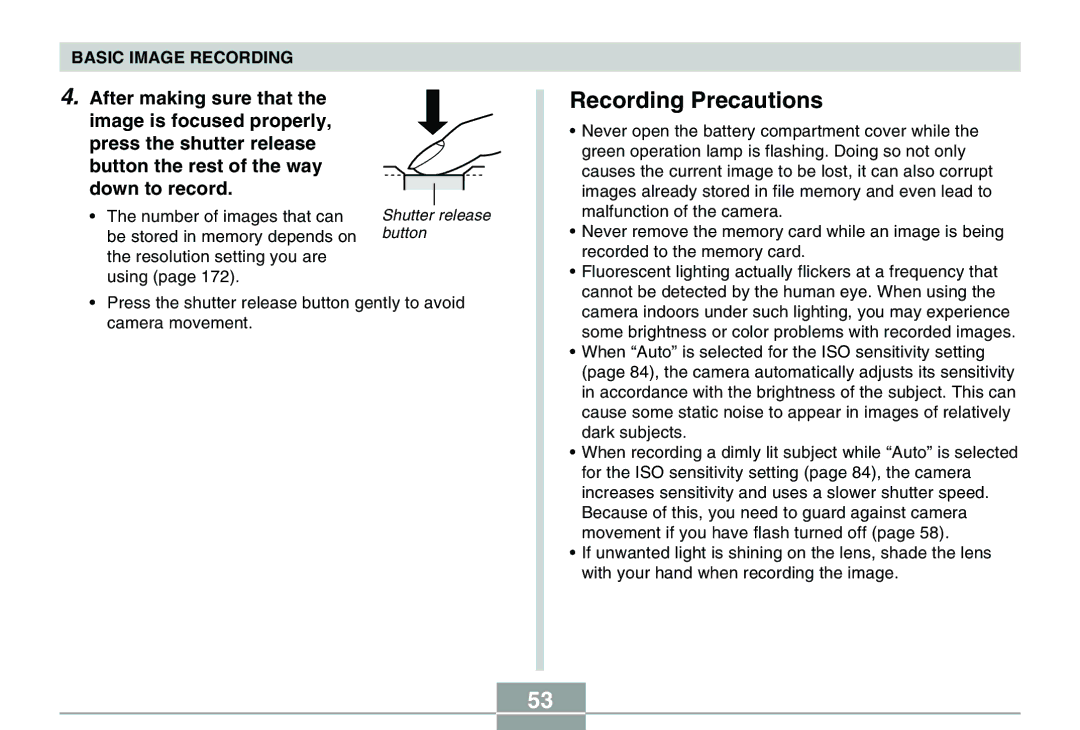 Casio QV-R40 manual Recording Precautions 