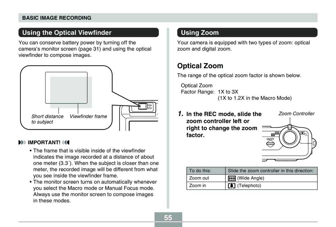 Casio QV-R40 manual Optical Zoom, Using the Optical Viewfinder, Using Zoom, REC mode, slide 