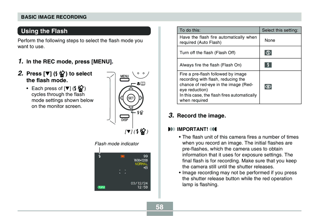 Casio QV-R40 manual Using the Flash, REC mode, press Menu Press To select Flash mode, Record the image 