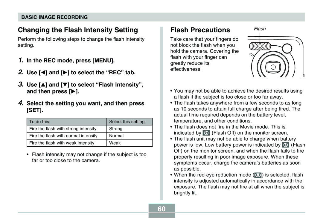 Casio QV-R40 manual Changing the Flash Intensity Setting, Flash Precautions 