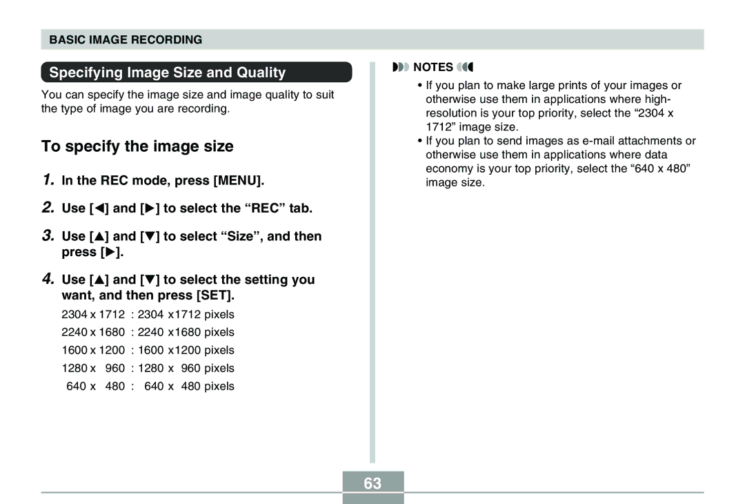 Casio QV-R40 manual To specify the image size, Specifying Image Size and Quality 