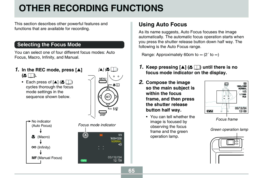 Casio QV-R40 manual Other Recording Functions, Using Auto Focus, Selecting the Focus Mode, REC mode, press 