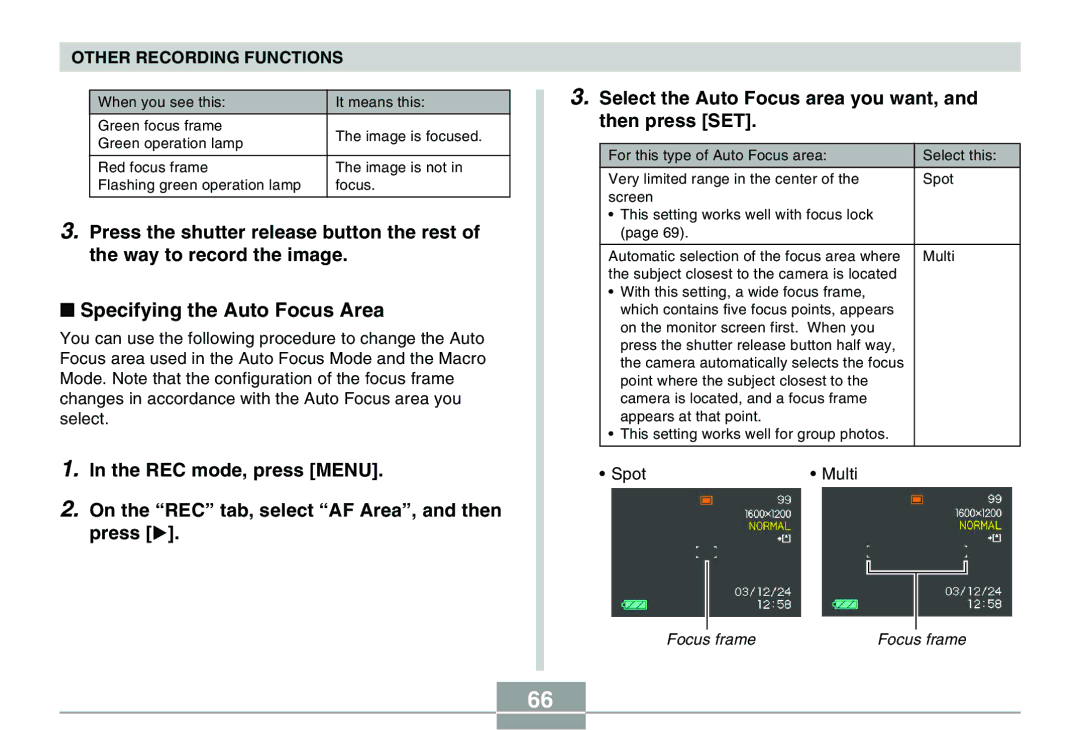 Casio QV-R40 manual Specifying the Auto Focus Area, Other Recording Functions 