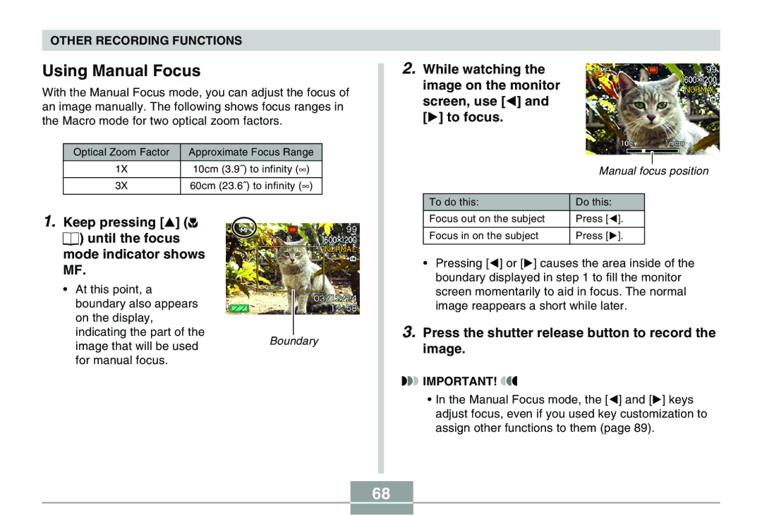 Casio QV-R40 manual Using Manual Focus, Keep pressing until the focus mode indicator shows MF 