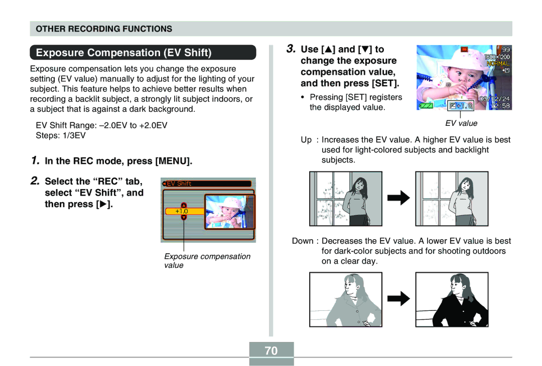 Casio QV-R40 manual Exposure Compensation EV Shift 