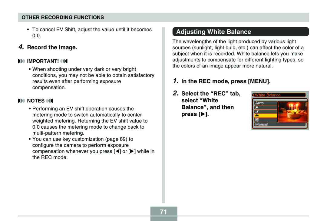 Casio QV-R40 manual Adjusting White Balance, Record the image 