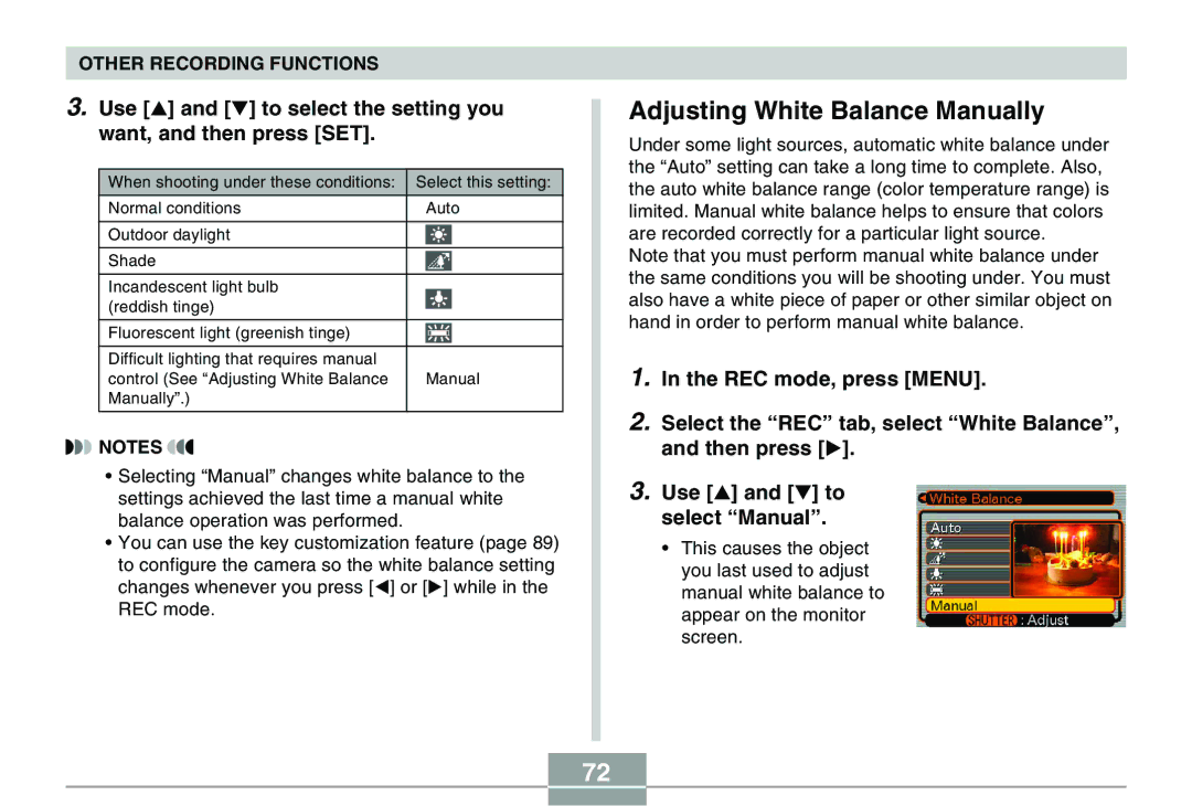 Casio QV-R40 manual Adjusting White Balance Manually, Use and to select the setting you want, and then press SET 