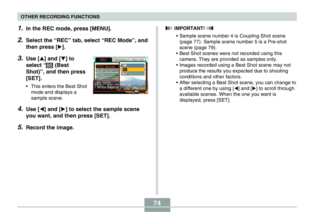 Casio QV-R40 manual This enters the Best Shot mode and displays a sample scene 