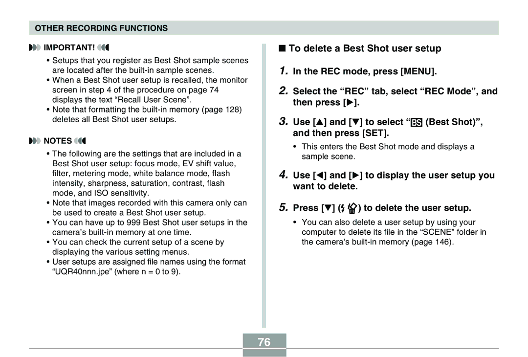 Casio QV-R40 manual To delete a Best Shot user setup 