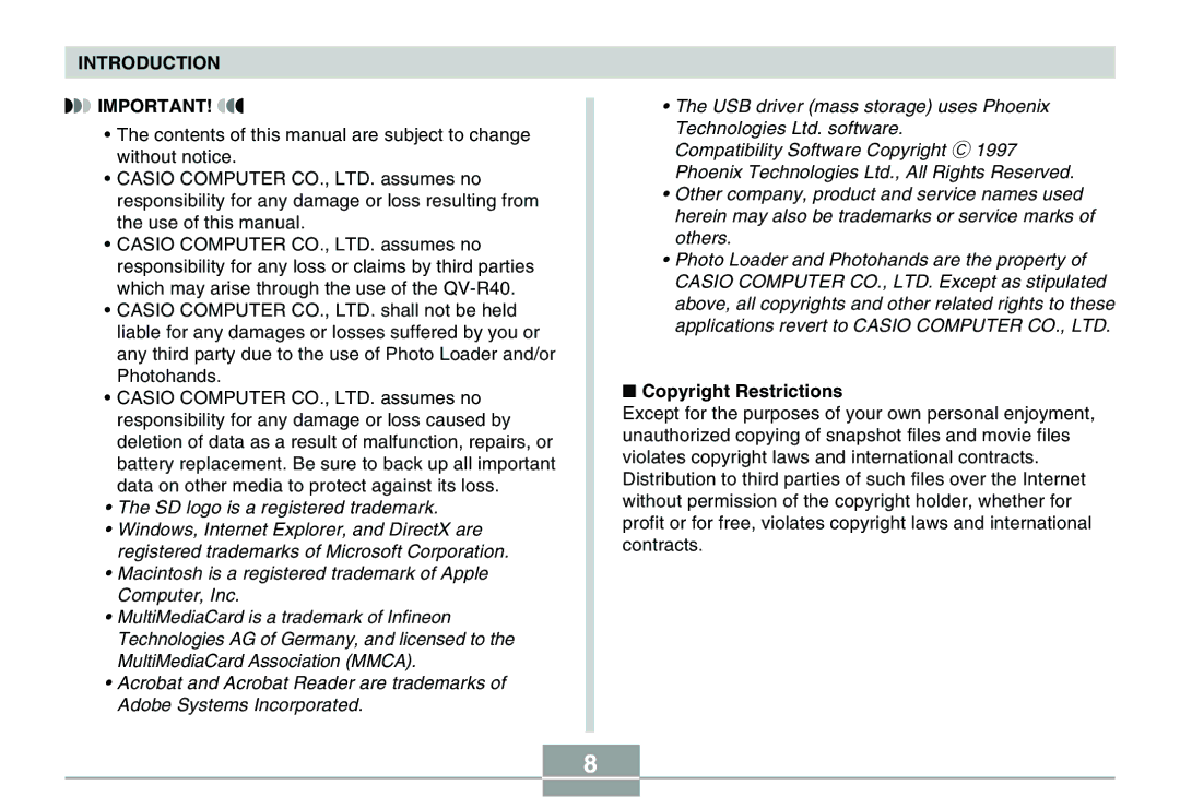 Casio QV-R40 manual Copyright Restrictions 