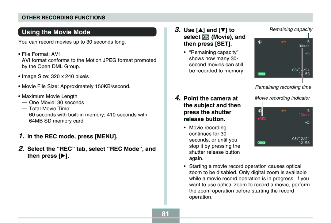 Casio QV-R40 manual Using the Movie Mode, Select Movie, Then press SET, Point the camera at 