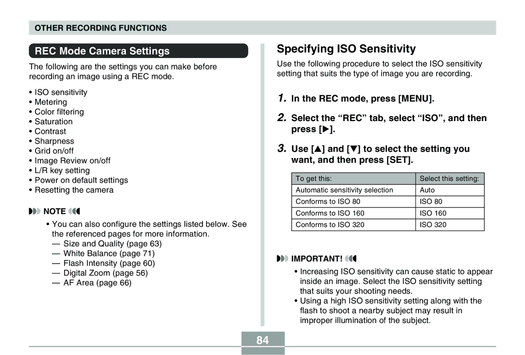 Casio QV-R40 manual Specifying ISO Sensitivity, REC Mode Camera Settings 