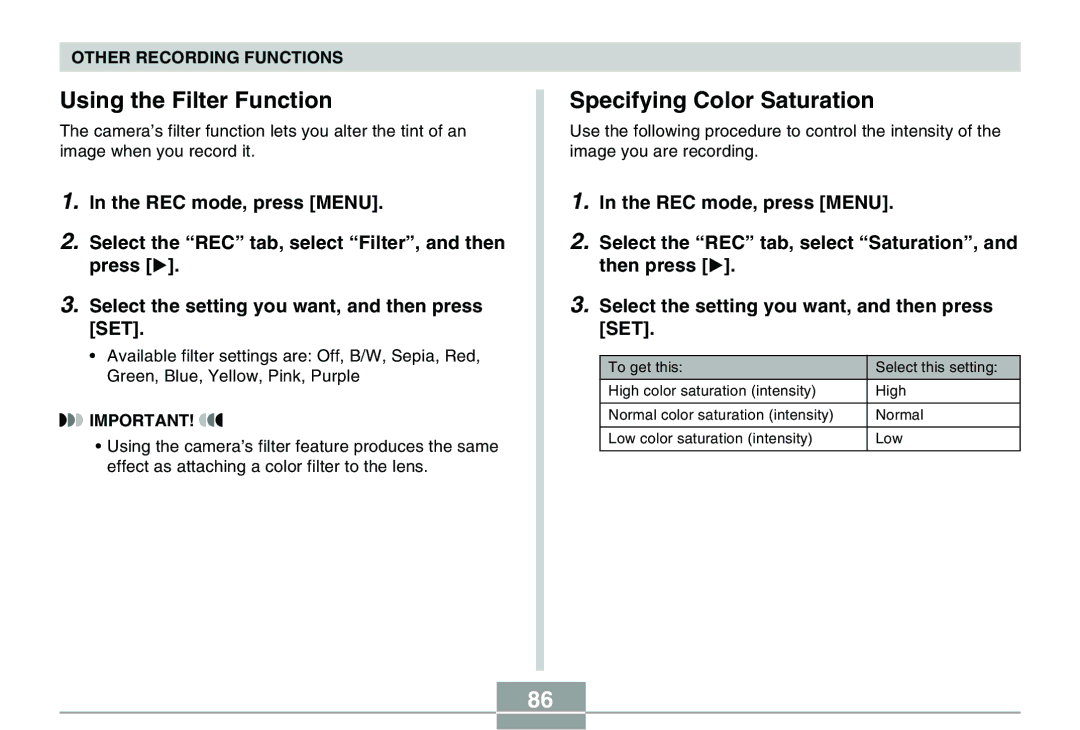 Casio QV-R40 manual Using the Filter Function, Specifying Color Saturation 