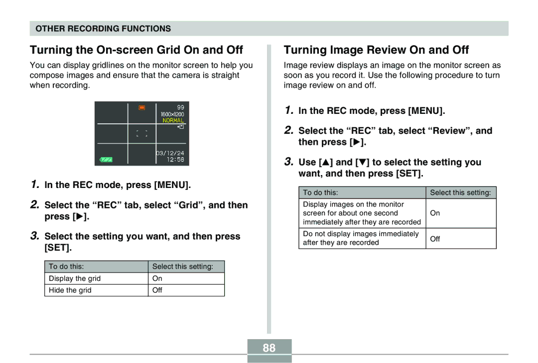 Casio QV-R40 manual Turning the On-screen Grid On and Off, Turning Image Review On and Off 