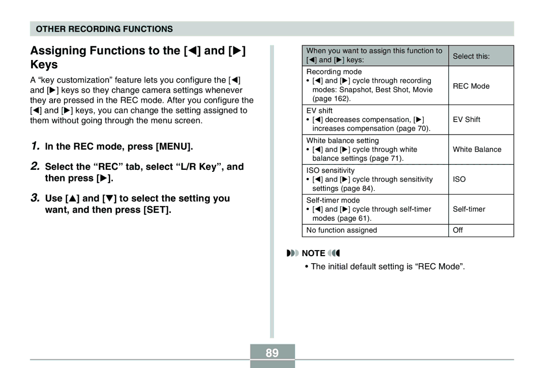 Casio QV-R40 manual Assigning Functions to the and Keys 