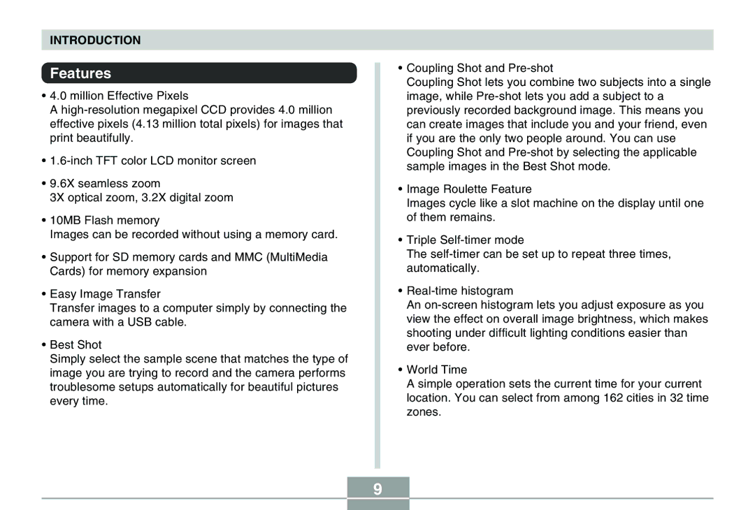 Casio QV-R40 manual Features 