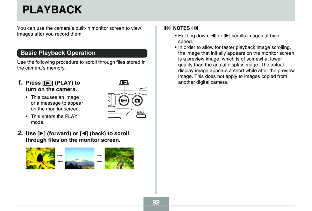 Casio QV-R40 manual Basic Playback Operation, Press Play to Turn on the camera 