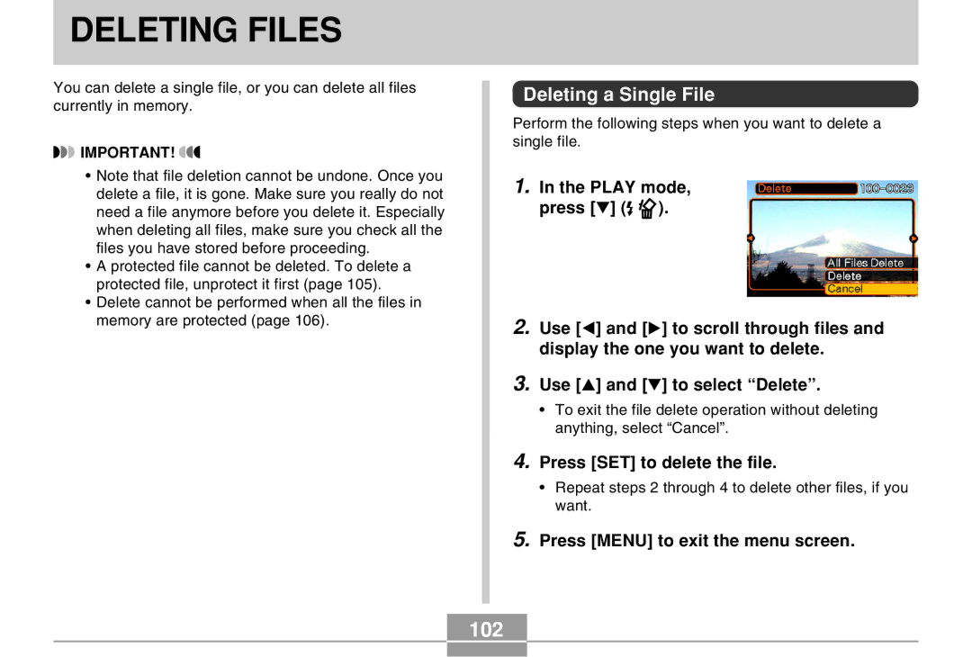 Casio QV-R40 Deleting Files, 102, Deleting a Single File, Press SET to delete the file, Press Menu to exit the menu screen 