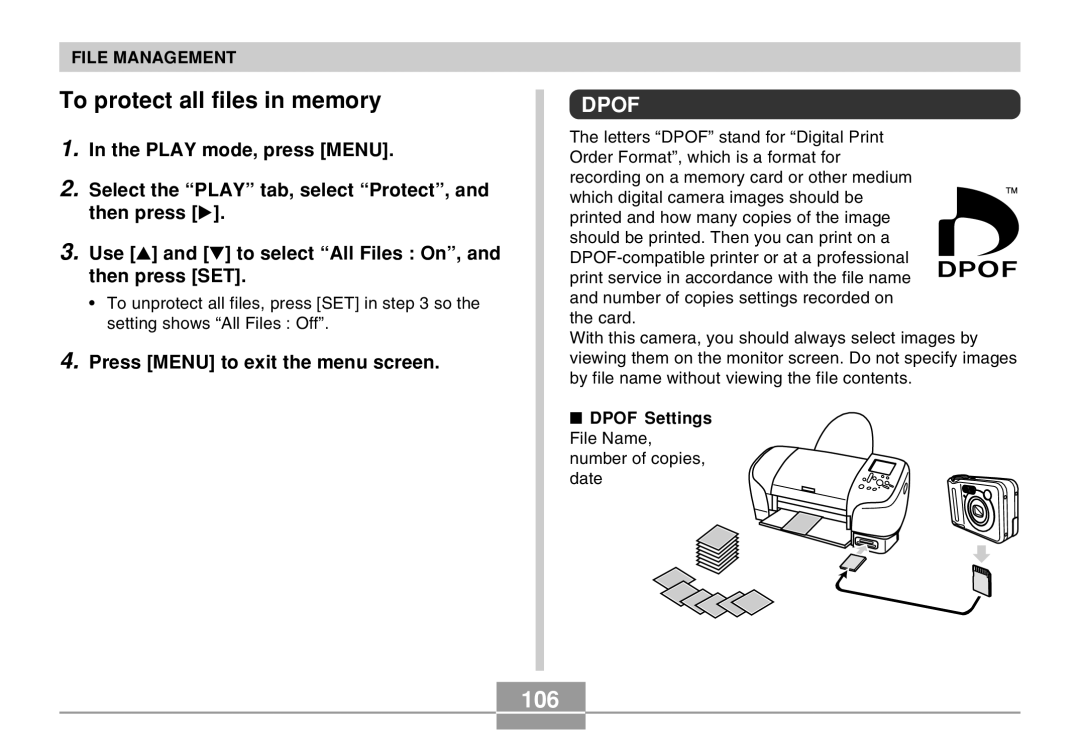 Casio QV-R40 manual To protect all files in memory, 106, Dpof Settings File Name, number of copies 