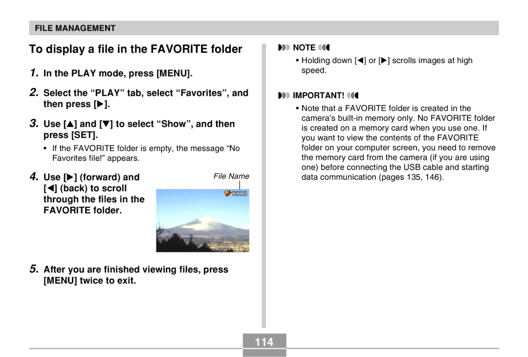 Casio QV-R40 manual To display a file in the Favorite folder, 114, Use forward 