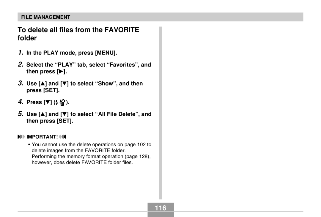 Casio QV-R40 manual To delete all files from the Favorite folder, 116 