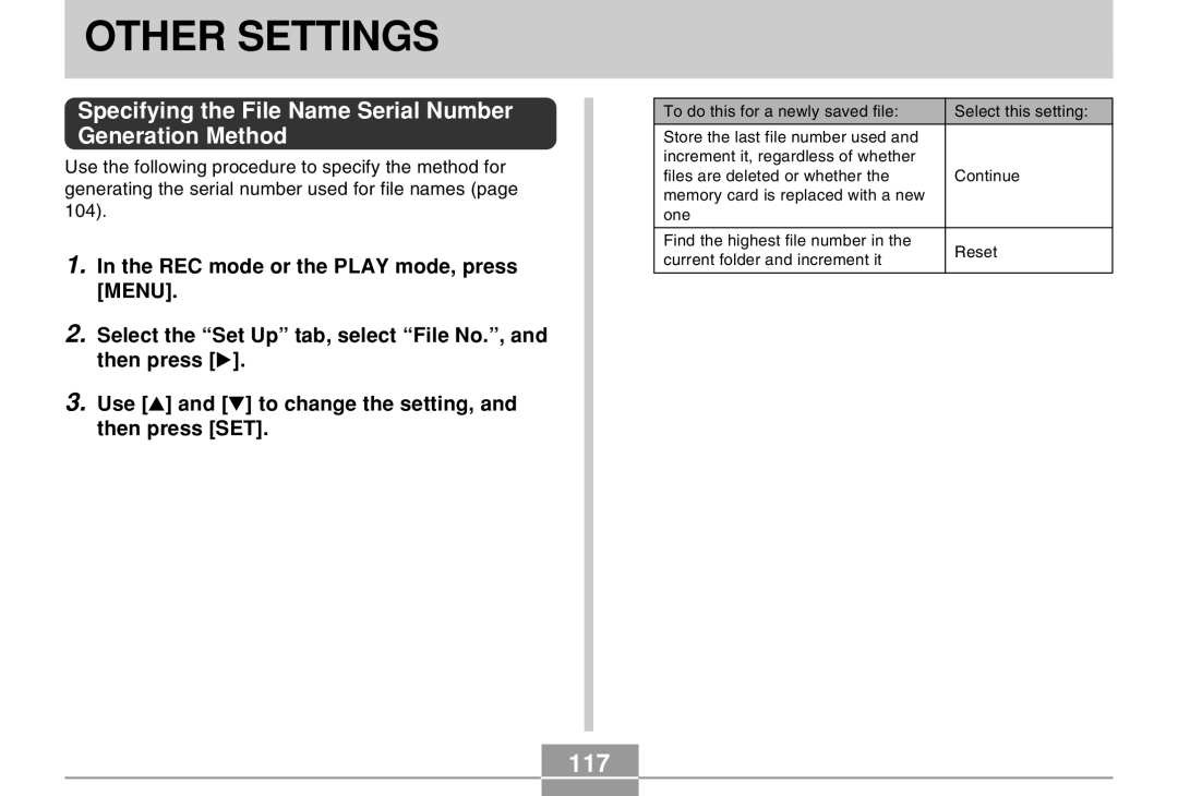 Casio QV-R40 manual Other Settings, 117, Specifying the File Name Serial Number Generation Method 