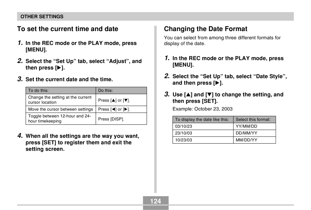 Casio QV-R40 manual To set the current time and date, Changing the Date Format, 124 