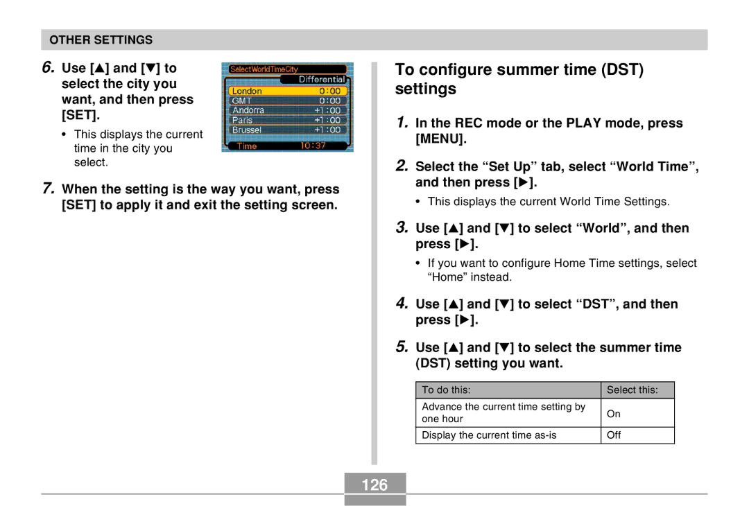 Casio QV-R40 manual To configure summer time DST settings, 126, Use and to select World, and then Press 