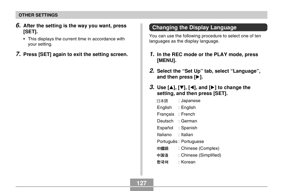 Casio QV-R40 manual 127, Changing the Display Language, After the setting is the way you want, press SET 