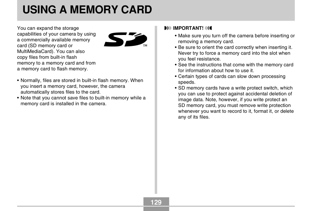 Casio QV-R40 manual Using a Memory Card, 129 